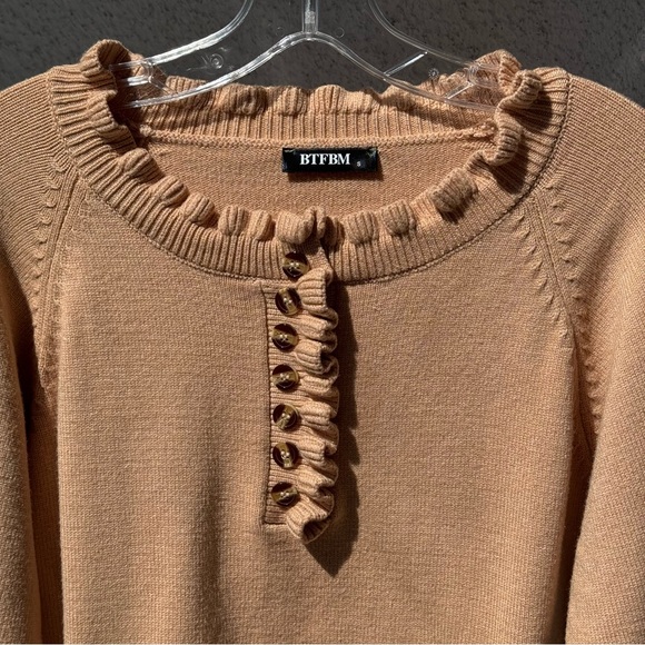 BTFBM Women's Tan Soft Ruffle Partial Button Down Sweater small - Picture 2 of 10